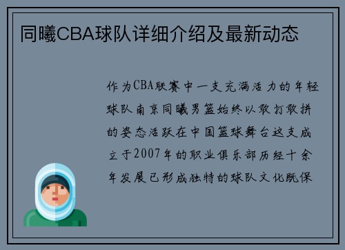 同曦CBA球队详细介绍及最新动态